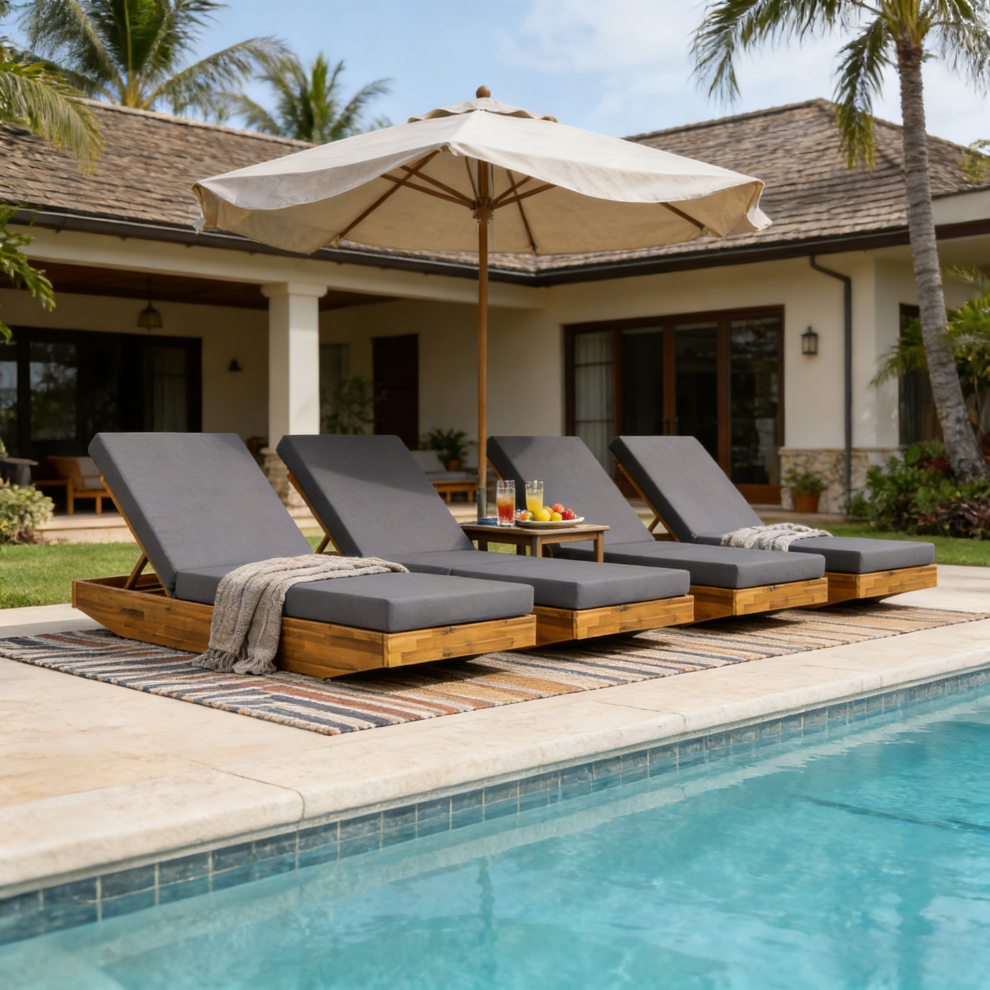 Acacia Wood Chaise Lounge with Cushion - Teak Finish Outdoor Recliner with Dark Grey 3-Fold Water-Repellent Cushion, 300lbs Capacity image 8