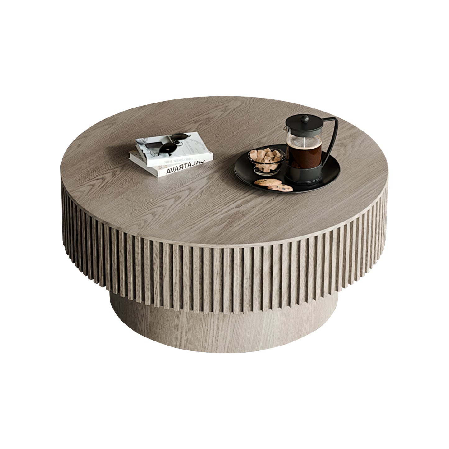 31.5'' Round Coffee Table with Storage Solid Wood Veneered Modern Coffee Table Accent Tea Table for Living Room, Bedroom, Apartment or Office, Grey image 10