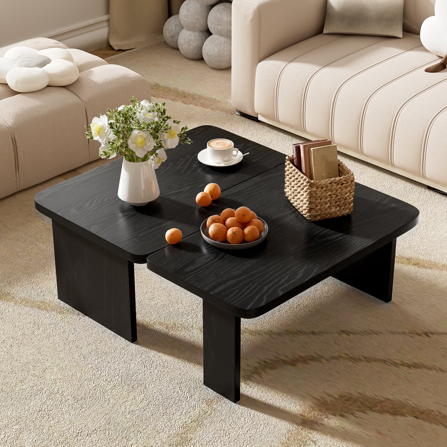 U-Can Modern Minimalist Coffee Table Set, Rectangle Coffee Table with Splicing Design, Multifunctional Combination Table for Living Room image 2