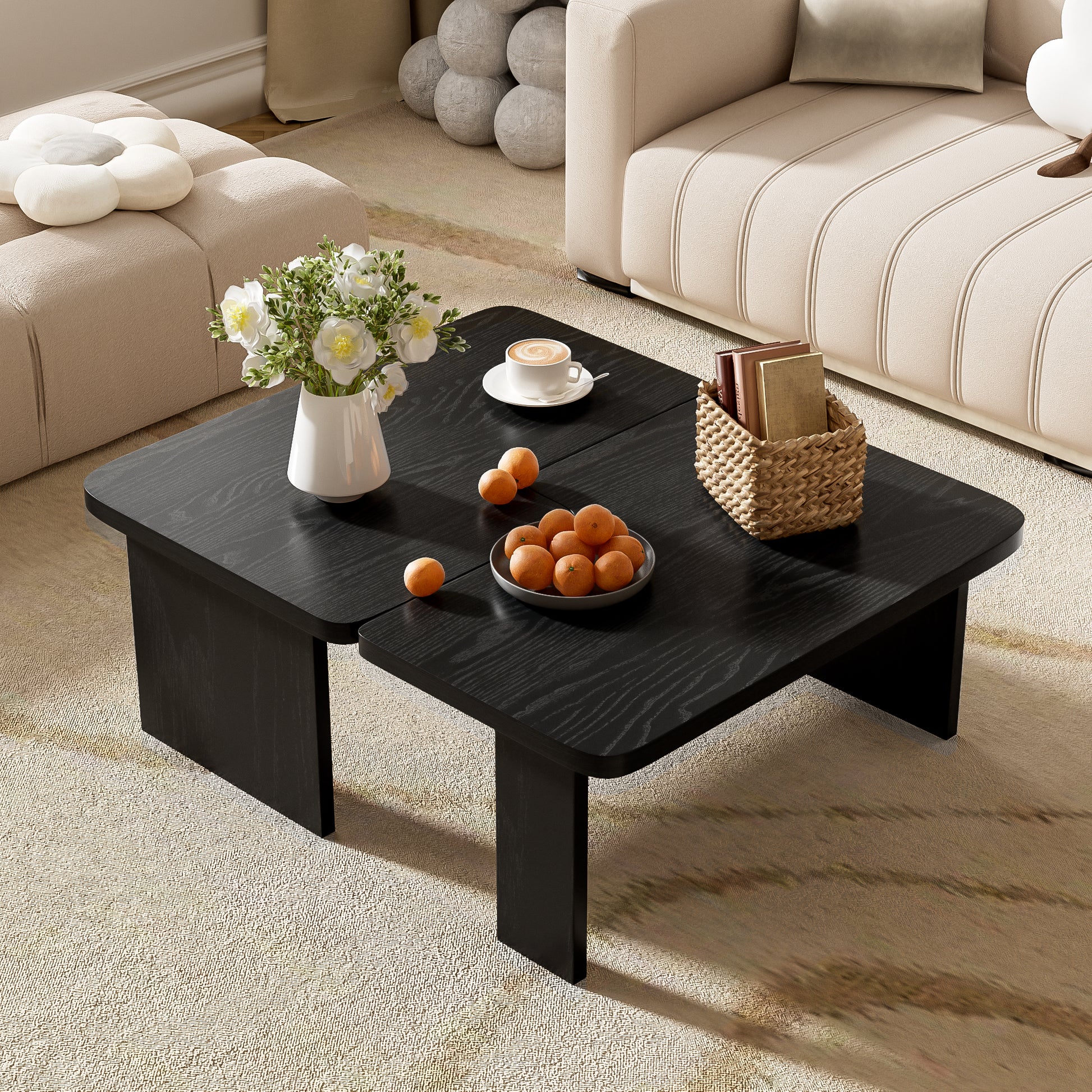 U-Can Modern Minimalist Coffee Table Set, Rectangle Coffee Table with Splicing Design, Multifunctional Combination Table for Living Room image 2