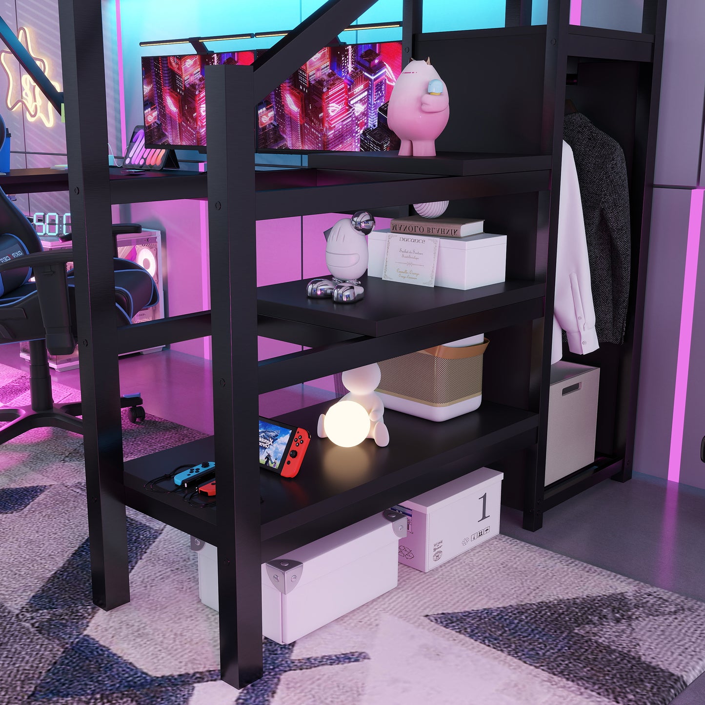 Metal Full Loft Bed with Wardrobe and LED Light, Full Size Loft Bed with L Shaped Desk and USB for Kids Teens Adults, Black(Old SKU W2593S00008,Expect Arrival Date 2026/2/25) image 5