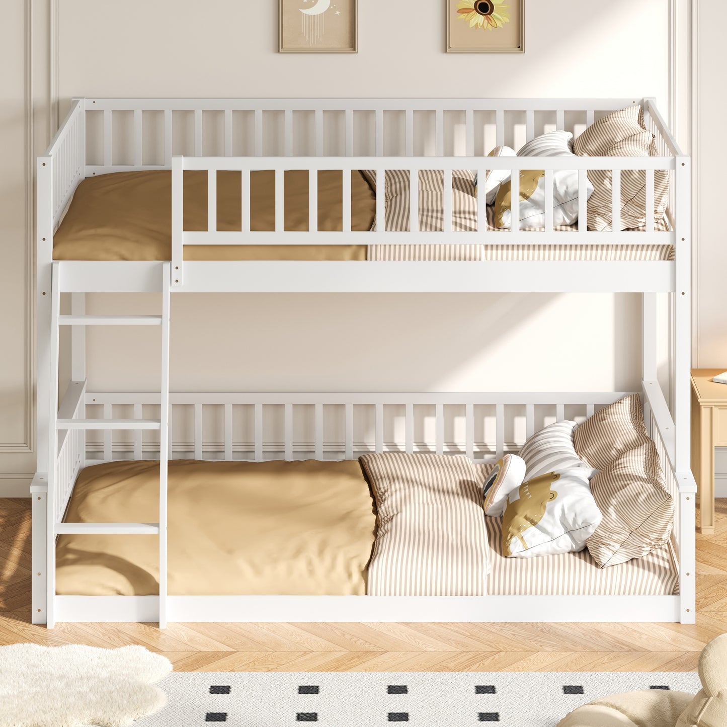 Full XL over Queen Bunk Bed with Ladder and Guardrails, White image 2