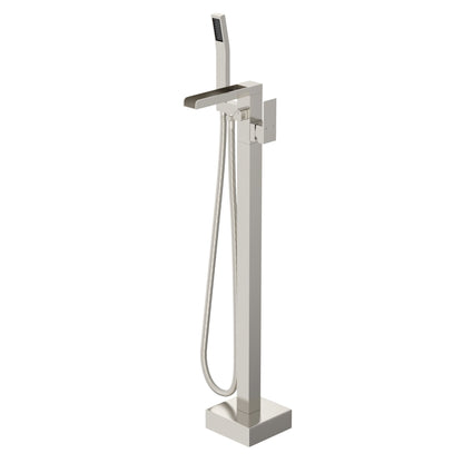 32.2-inch Spout Height Floor Mount Brass Waterfall Bathtub Faucet Freestanding Tub Filler Mixer Taps with High Flow Hand image 3