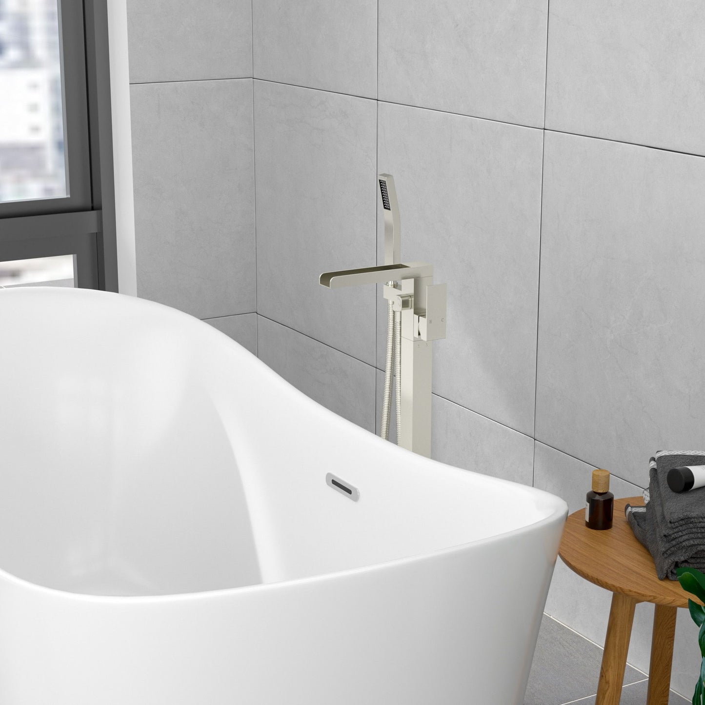 32.2-inch Spout Height Floor Mount Brass Waterfall Bathtub Faucet Freestanding Tub Filler Mixer Taps with High Flow Hand image 2