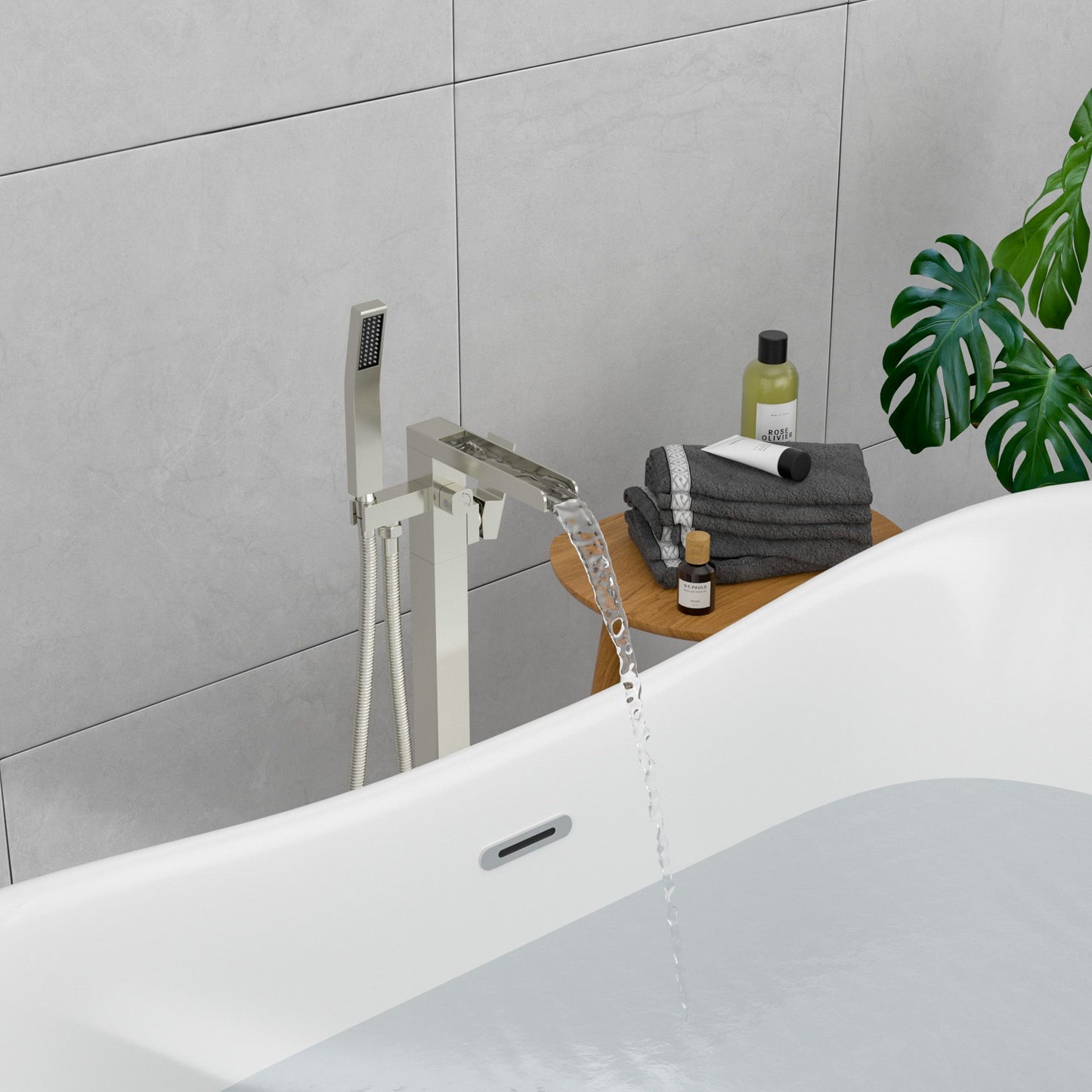 32.2-inch Spout Height Floor Mount Brass Waterfall Bathtub Faucet Freestanding Tub Filler Mixer Taps with High Flow Hand image 1