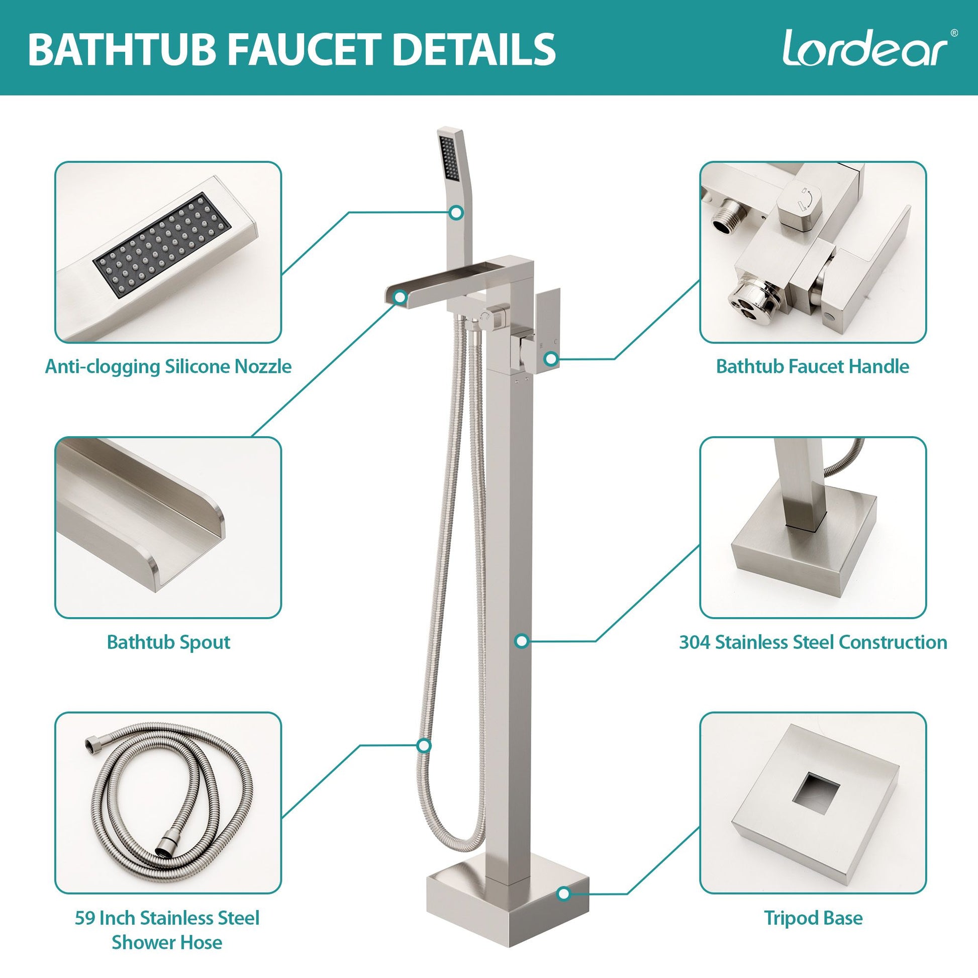 32.2-inch Spout Height Floor Mount Brass Waterfall Bathtub Faucet Freestanding Tub Filler Mixer Taps with High Flow Hand image 7