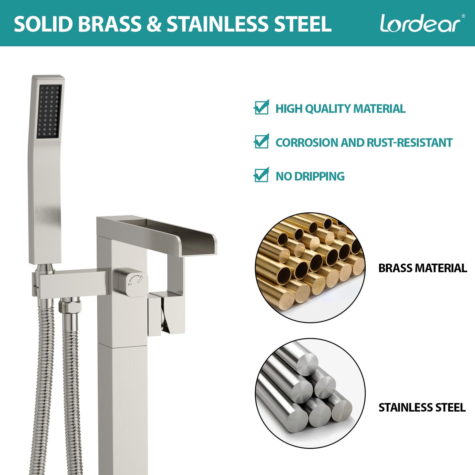 32.2-inch Spout Height Floor Mount Brass Waterfall Bathtub Faucet Freestanding Tub Filler Mixer Taps with High Flow Hand image 4