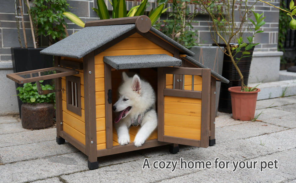 45 Inch Solid Wood Dog House, Cozy Outdoor Shelter for Medium & Small Dogs with Lockable Ventilated Door, Waterproof Insulated Felt Roof & Charming Design image 7