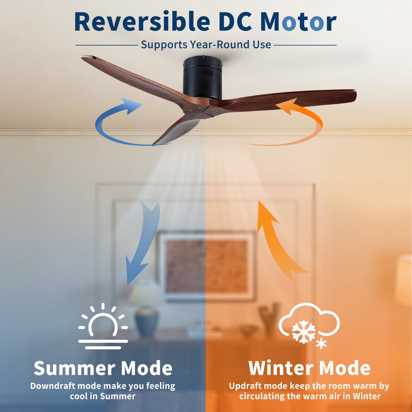 52 inch Indoor Farmhouse Rustic Ceiling Fan Matte Black with 3 Solid Wood Blade Remote Control Reversible DC Motor image 8