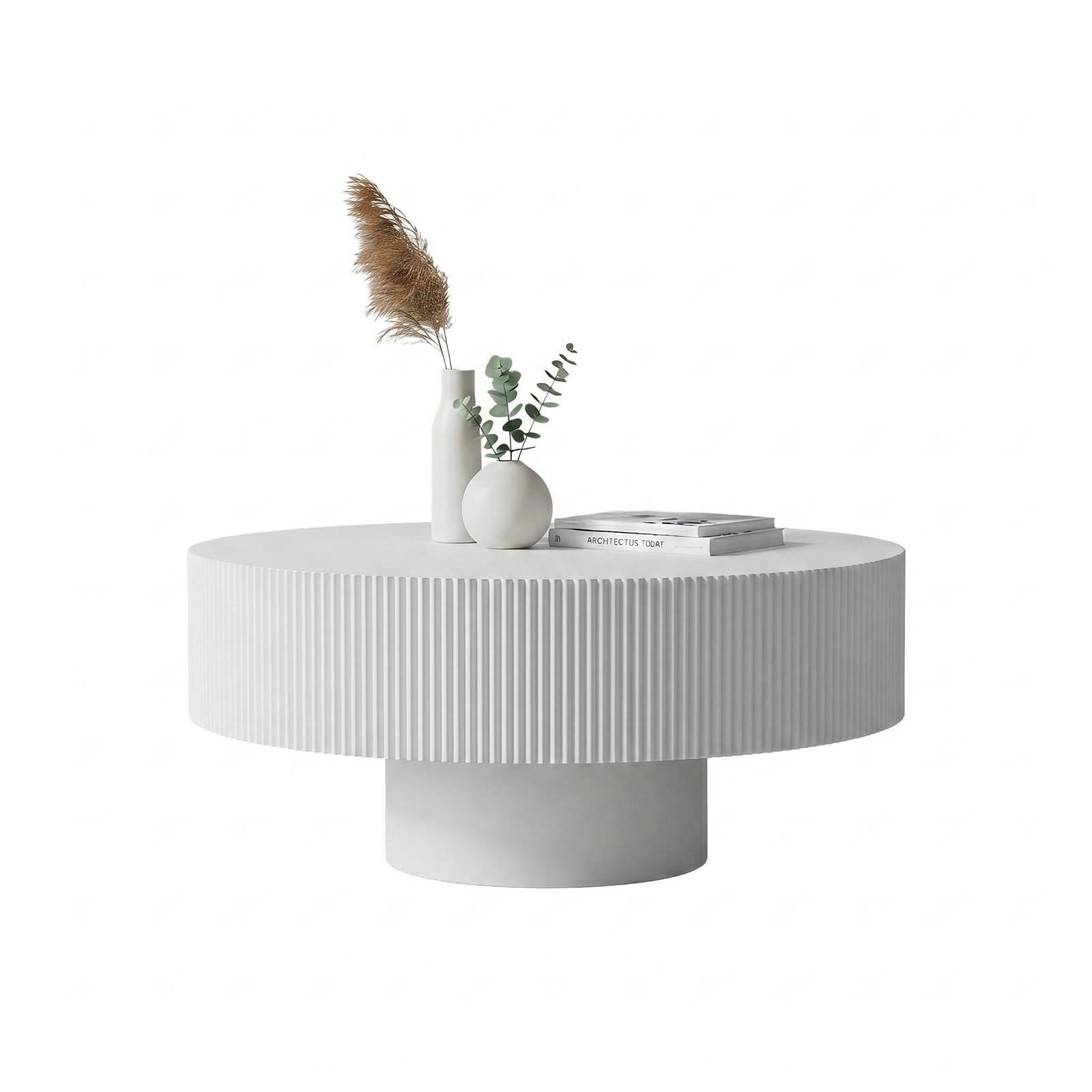 Round Coffee Table, Fluted Coffee Table with Sturdy Pedestal, Mid Century Modern Coffee Table for Living Room, Bedroom, Terrace, Office, Small Space (White Round Thick) image 12