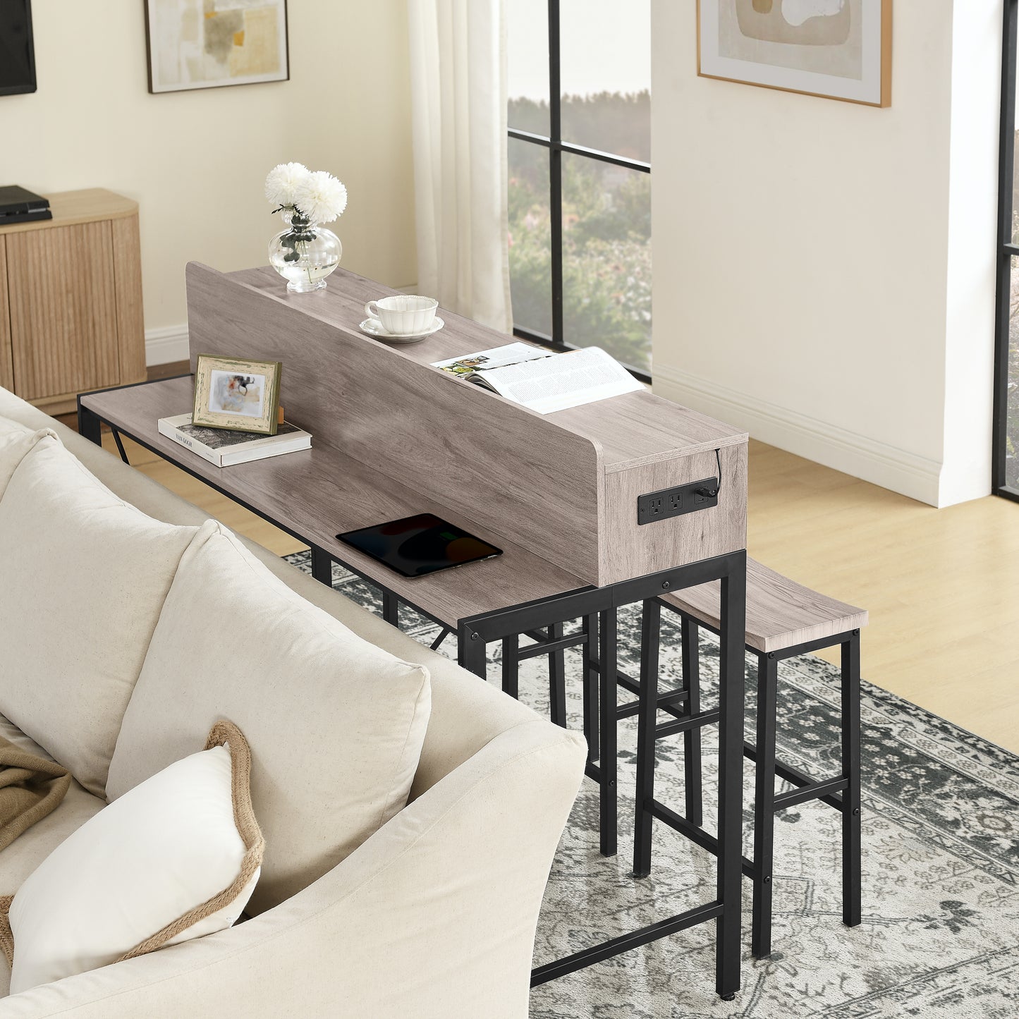 59 inch bar table, dining table, sofa table with power socket and LED light, 3 saddle stools, 4-piece bar table and chairs set for living room, dining room and kitchen image 3