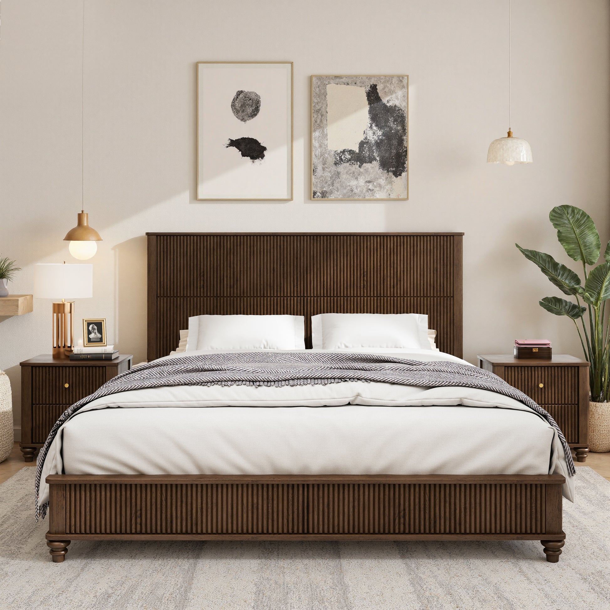 Solid Wood Bed Frame,King Platform Bed Frame with Headboard,Tall Headboard Natural Wood Bed,No Box Spring Needed,Walnut image 1