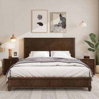 Solid Wood Bed Frame,King Platform Bed Frame with Headboard,Tall Headboard Natural Wood Bed,No Box Spring Needed,Walnut image 1