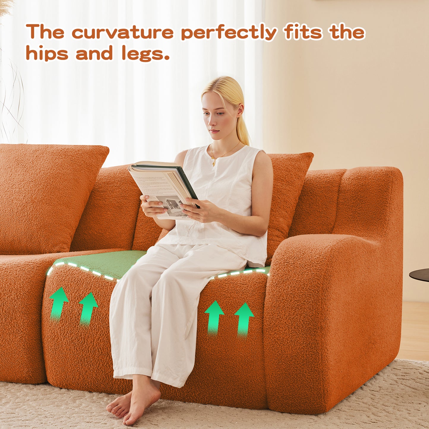 L-Shaped Teddy Fabric 2-Seat Boneless Sofa,No Assembly Required Curved Armrest,Streamlined Design Ergonomic Design,32D High Density Sponge For Living Rooms Rest Areas Bedroom,Orange image 5
