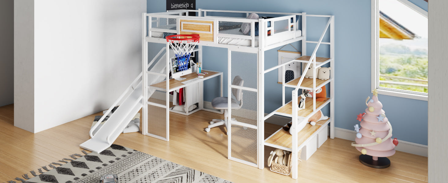 Full Size Metal Loft bed with Built-in Desk, Open Wardrobe, Basketball hoop, Slide and Staircase, White image 9
