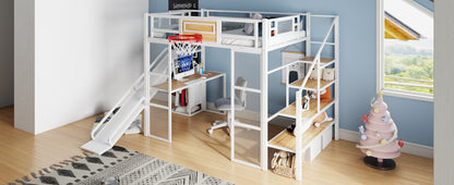 Full Size Metal Loft bed with Built-in Desk, Open Wardrobe, Basketball hoop, Slide and Staircase, White image 9