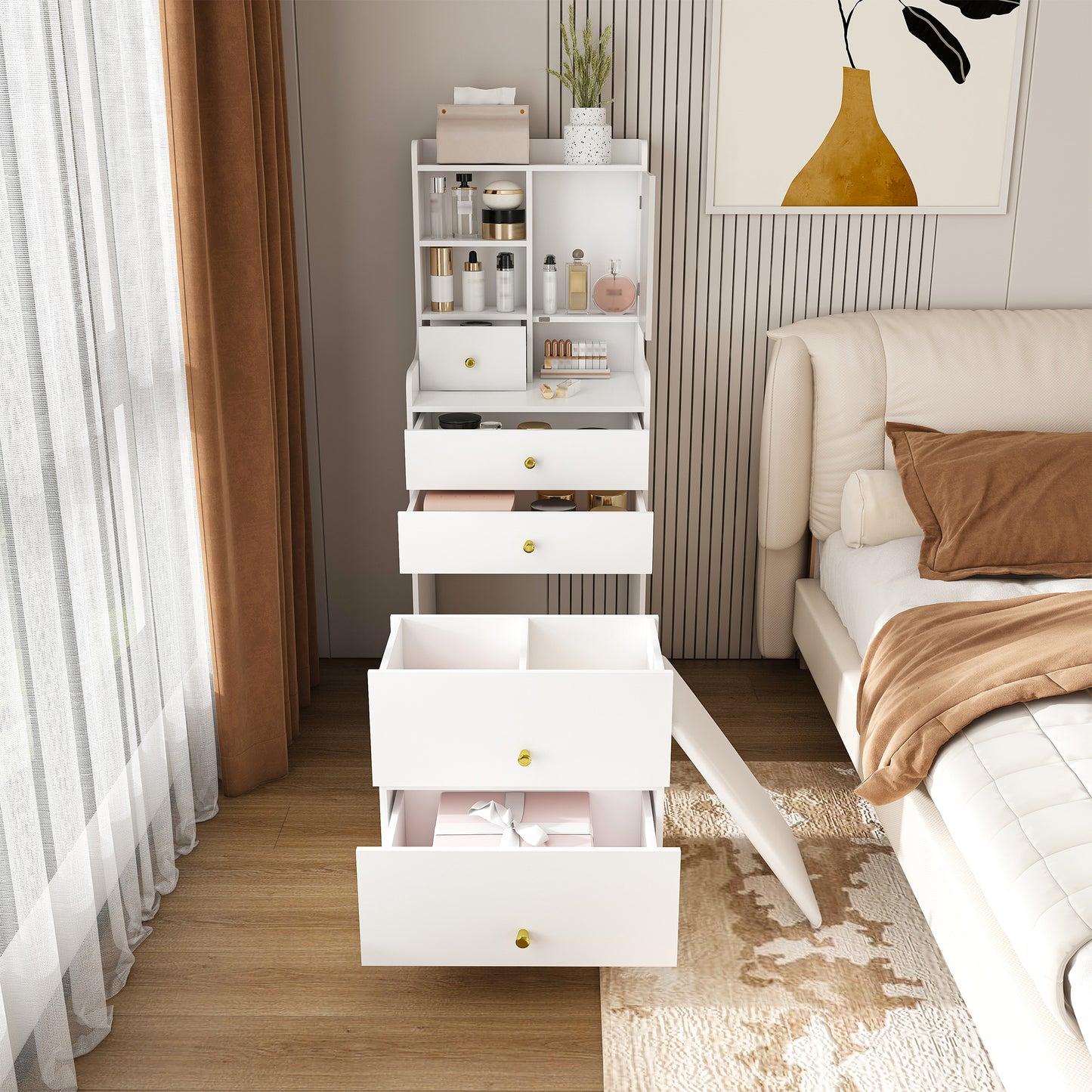 3-in-1 Dressing Table with LED Mirror & Storage Stool - Compact Makeup Vanity with 4 Drawers, Storage Cabinet & Hidden Stool, White Density Board Design, Open Bookshelf for Bedroom Organization image 1