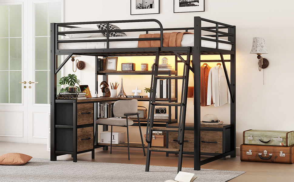Full Size Loft Bed with Desk and Light, Metal Loft Bed with Storage Shelves, Wardrobe and Drawers for Boys Girls(Old SKU W2593S00040) image 7