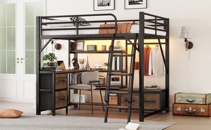 Full Size Loft Bed with Desk and Light, Metal Loft Bed with Storage Shelves, Wardrobe and Drawers for Boys Girls(Old SKU W2593S00040) image 7