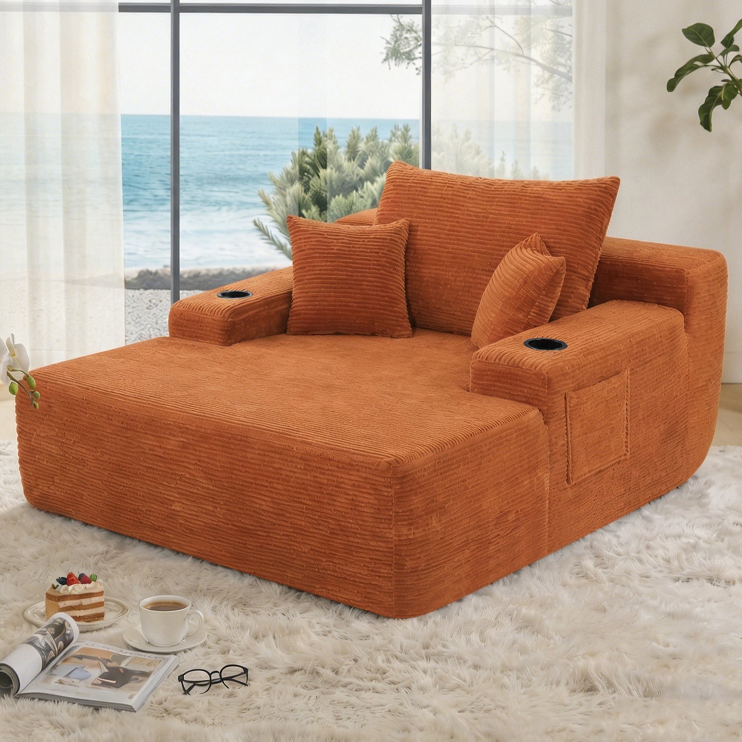 NEW Convertible Chaise Lounge Chair Corduroy with Wide Armrest & Throw Pillows, Cozy Boneless Sleeper Sofa Bed Armchair, with cup holder,for Living Room, Bedroom, No Assembly Required,Orange image 2