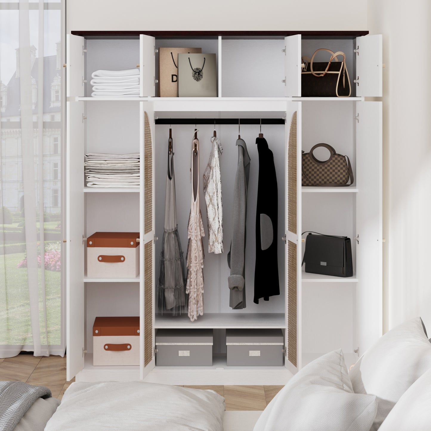 70.87"Tall 8-Door Large Capacity Armoire Wardrobe Closet with Hanging Rod, Adjustable Shelves and Rattan Decorative Doors, Clothing Storage Cabinet for Bedroom, walk-in closet, Living Room, White image 8