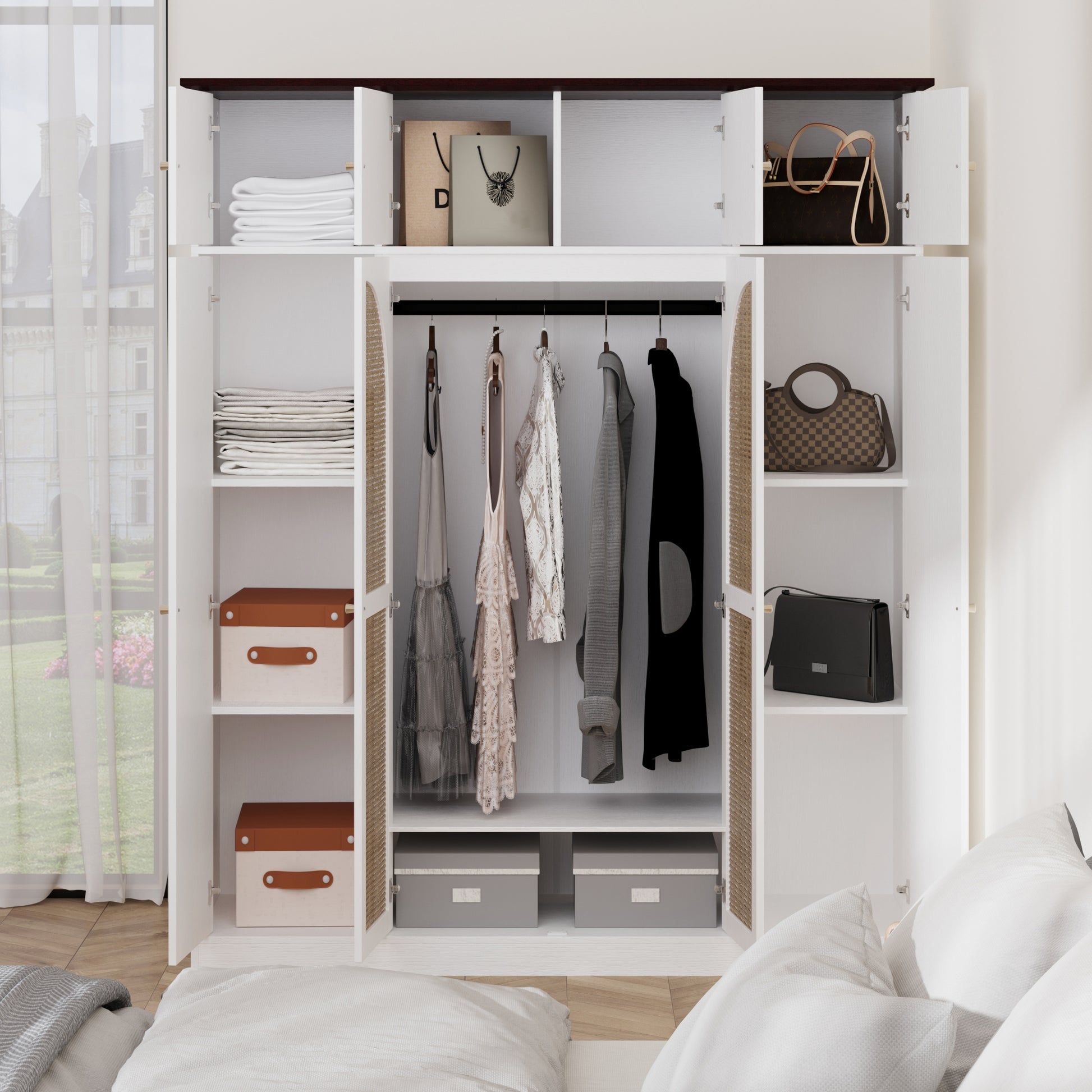 70.87"Tall 8-Door Large Capacity Armoire Wardrobe Closet with Hanging Rod, Adjustable Shelves and Rattan Decorative Doors, Clothing Storage Cabinet for Bedroom, walk-in closet, Living Room, White image 8