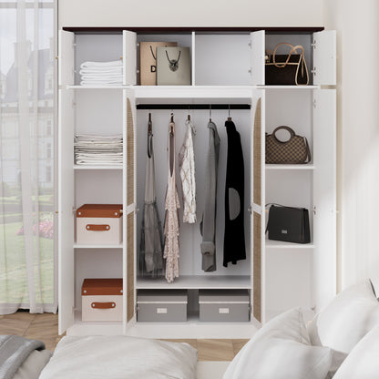 70.87"Tall 8-Door Large Capacity Armoire Wardrobe Closet with Hanging Rod, Adjustable Shelves and Rattan Decorative Doors, Clothing Storage Cabinet for Bedroom, walk-in closet, Living Room, White image 8