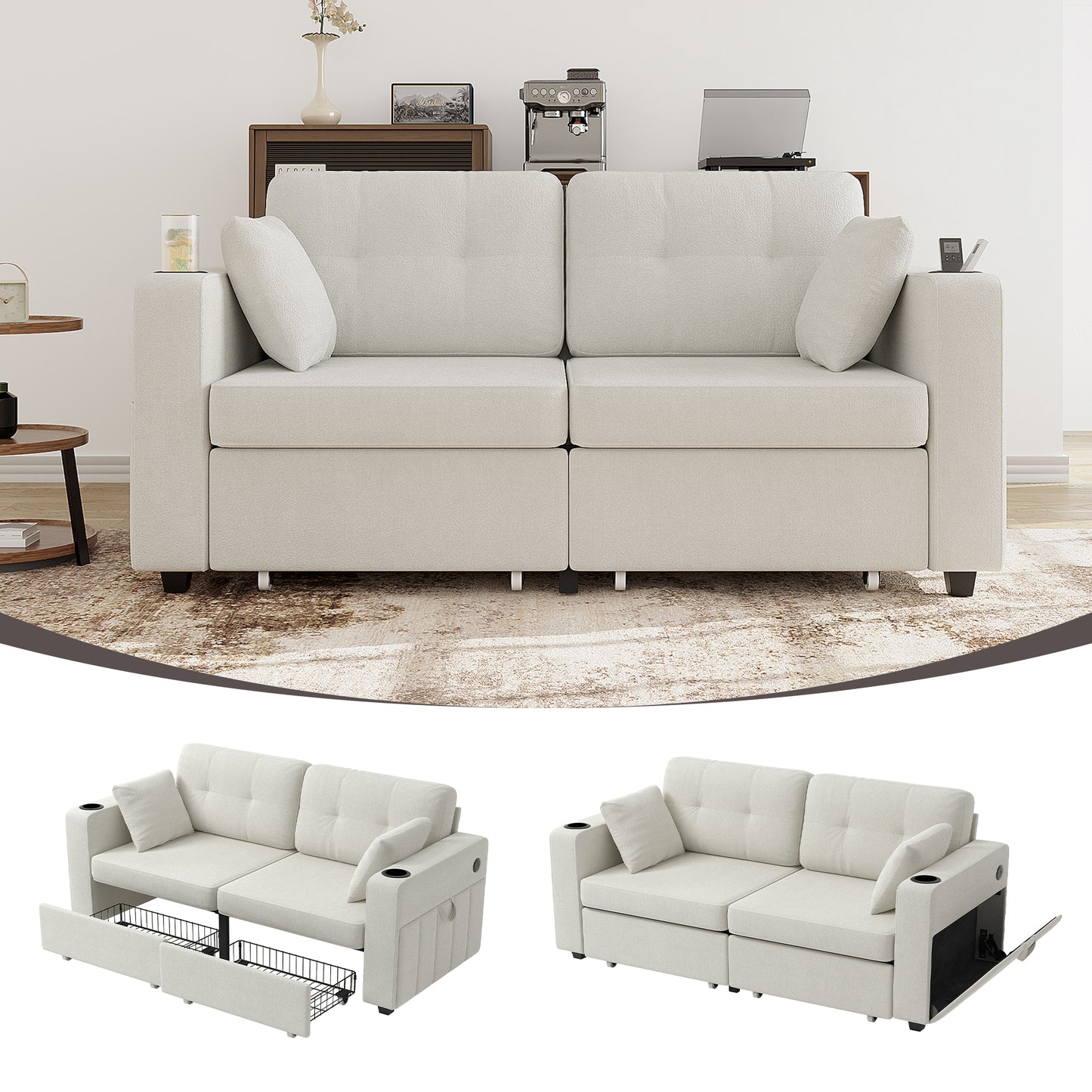 Sofas for Living Room, Couch Set,3 Seats Sofa, USB Charging,Wood Frame,Easy to Install,with Storage, Charging Station,Cup Holder,Modern Sectional Sofas for Living Room, Apartment,Chenille Fabric image 1