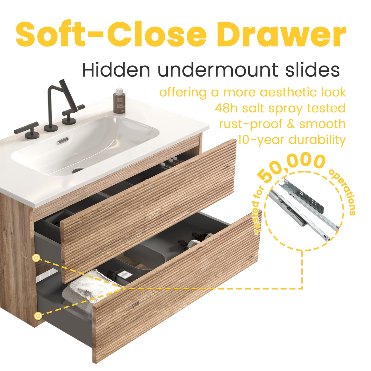 Gloria 36" Wall Mounted Rough Oak&Rough Oak Bathroom Vanity with Integrated Ceramic Sink with Overflow, with 3 holes, Large Storage Floating Bathroom Vanity for Modern Bathroom, KD image 6