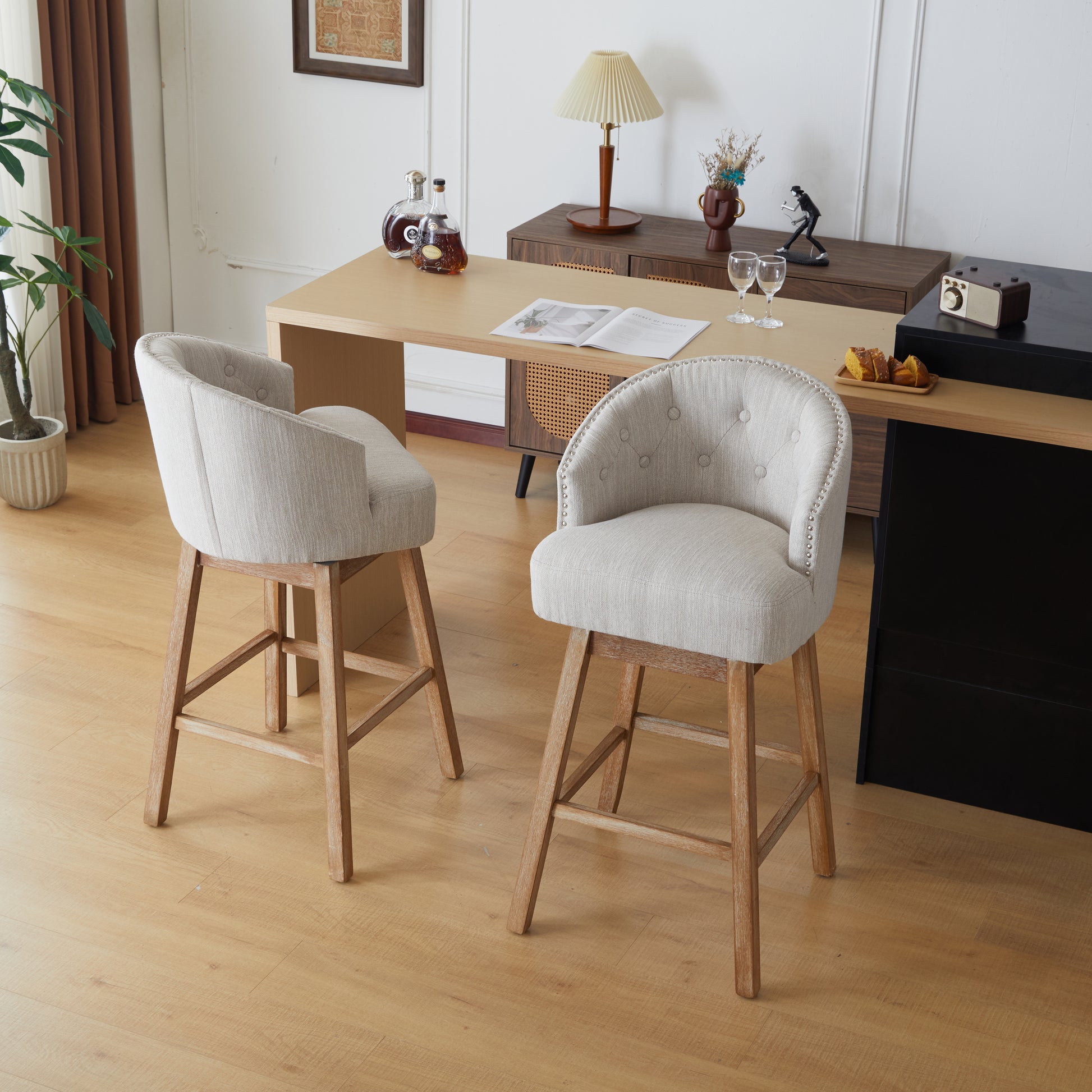 33.25" Swivel Counter Stools Set of 2, Upholstered Counter Height Bar Stools with Solid Rubber Wood Frame, Backrest, Footrest, Armless Barstools for Home Bar, Kitchen Counter, Natural + Beige image 2