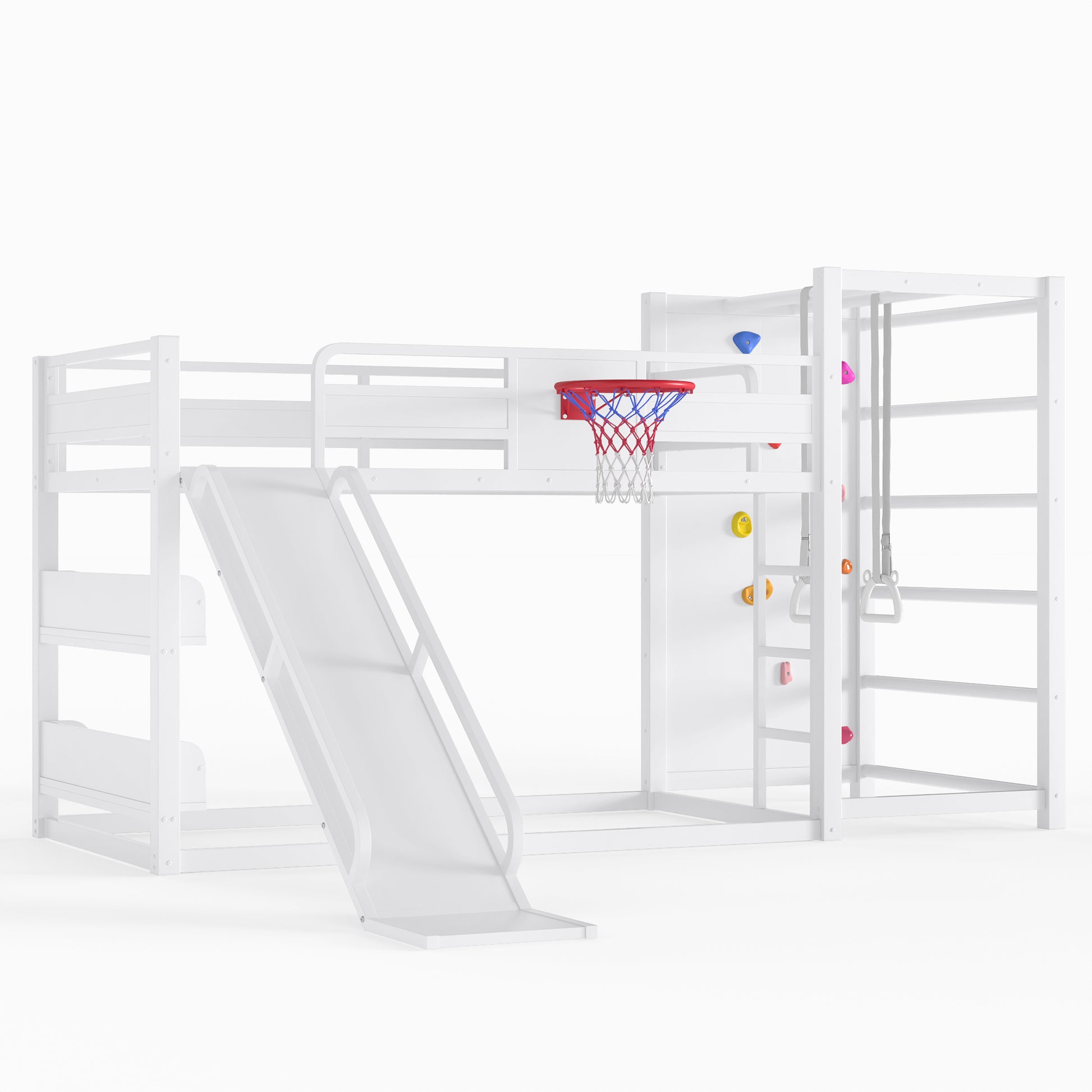 Twin size metal loft/bunk bed with basketball hoop, pull-up rings, climbing wall, and built-in bookshelves. Playful children's design featuring a slide,White image 5