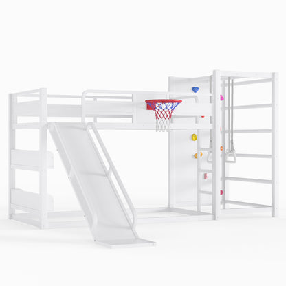 Twin size metal loft/bunk bed with basketball hoop, pull-up rings, climbing wall, and built-in bookshelves. Playful children's design featuring a slide,White image 5