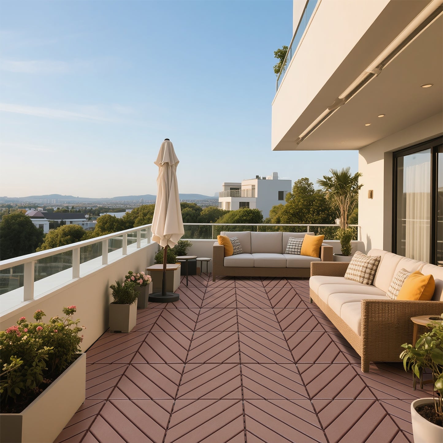 Plastic interlocking decking tiles, 44 packs of terrace decking tiles, 12 inches x 12 inches waterproof for all-weather use, backyard pool decking tiles, Brown image 9