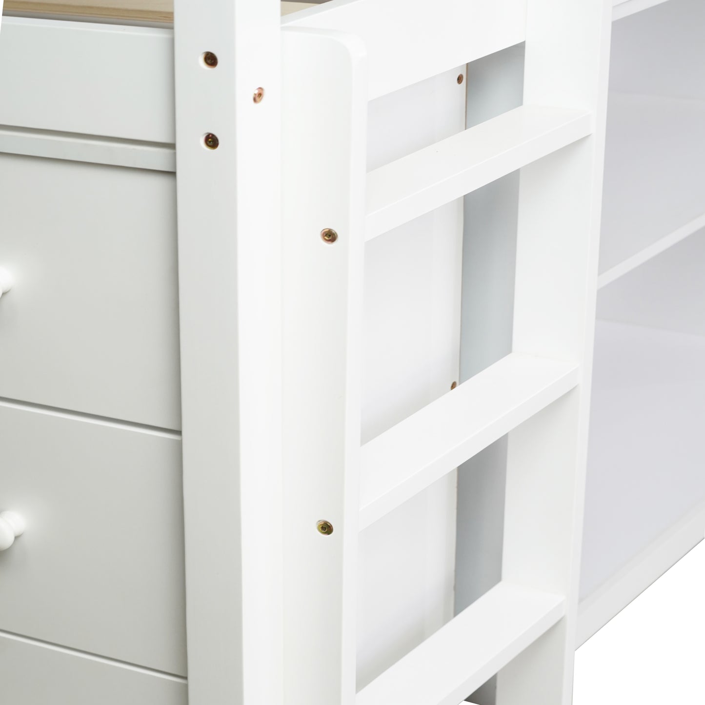 Twin Loft Bed w. stroage case,drawers,Twin Loft Bed with,Drawer Cabinet, Shelf Cabinet and Pulling -Out Desk,Rubber Wood Loft Bed with Safety Guardrail,Ladder,White image 2