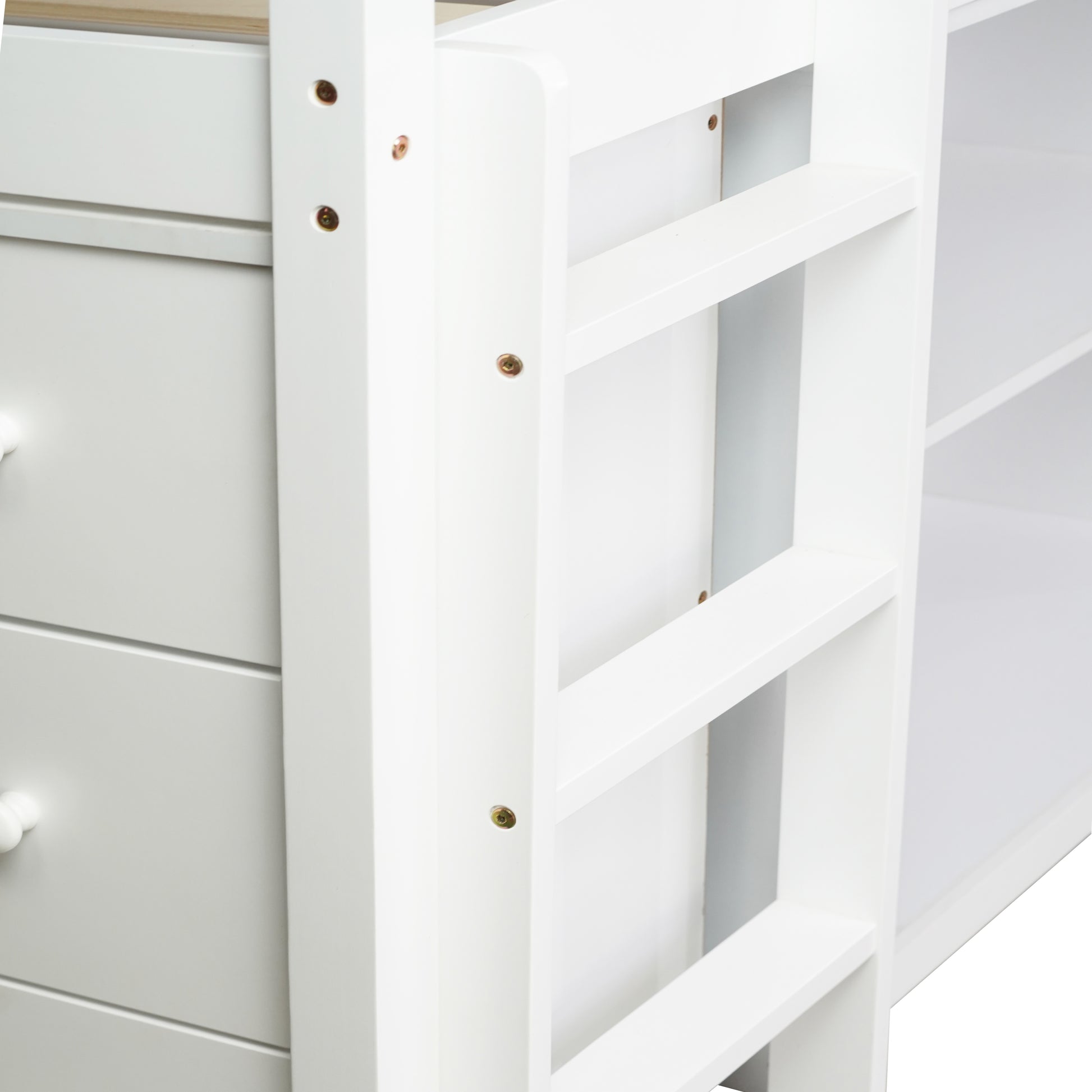 Twin Loft Bed w. stroage case,drawers,Twin Loft Bed with,Drawer Cabinet, Shelf Cabinet and Pulling -Out Desk,Rubber Wood Loft Bed with Safety Guardrail,Ladder,White image 2