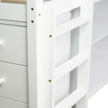 Twin Loft Bed w. stroage case,drawers,Twin Loft Bed with,Drawer Cabinet, Shelf Cabinet and Pulling -Out Desk,Rubber Wood Loft Bed with Safety Guardrail,Ladder,White image 2