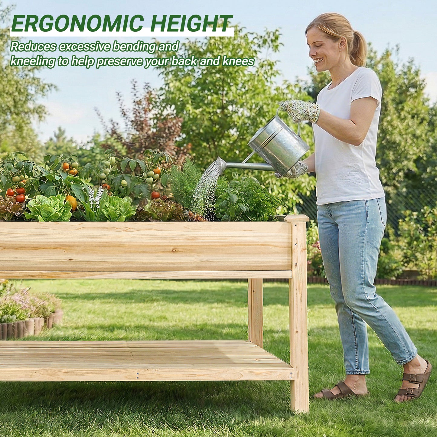 Raised Garden Bed 48x23x31.1-inch Elevated Wood Planter with Water Collection Tray, Storage Shelf, Protective Liner image 11