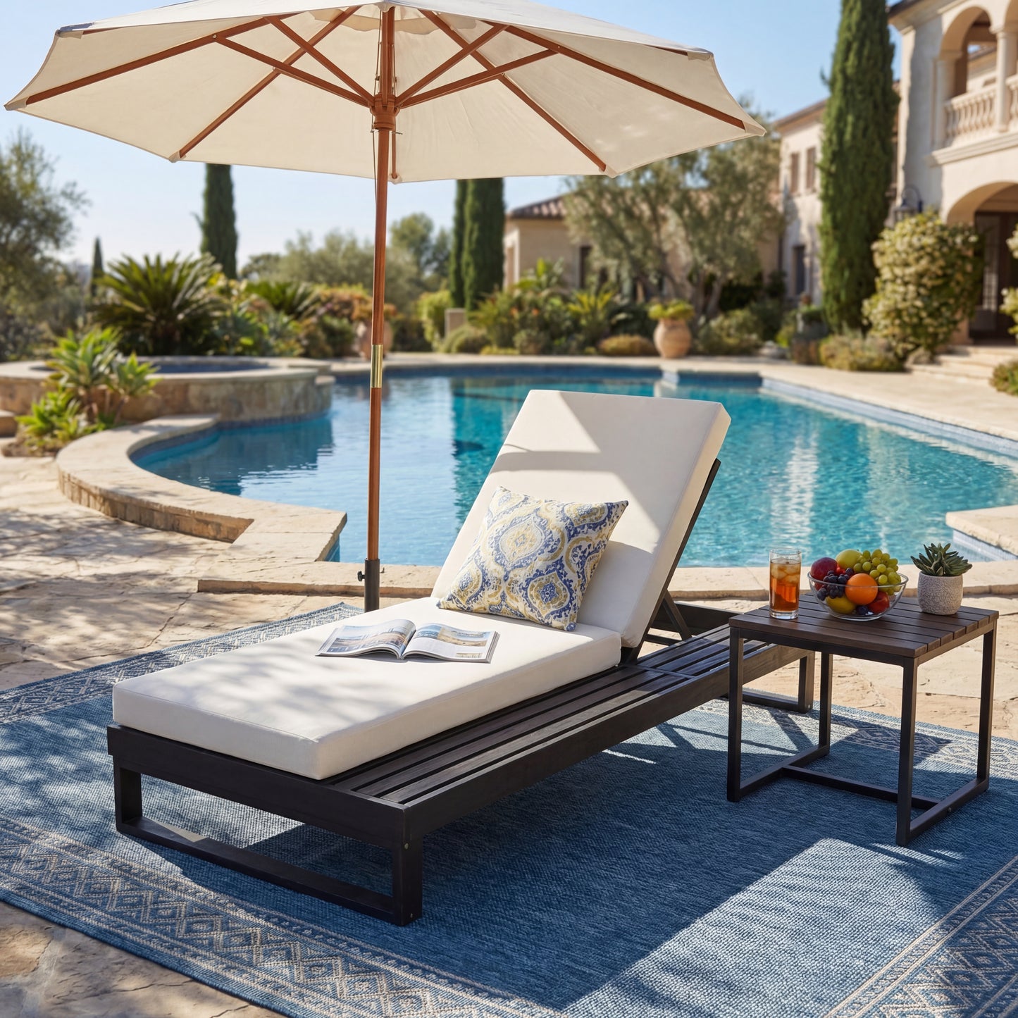 Black Acacia Wood Chaise Lounge with 4-Inch Cream 2-FoldCushion Set, 4-Position Adjustable Outdoor Patio Lounger with Flat Side Surface, for Poolside- Matching dark grey version available image 5