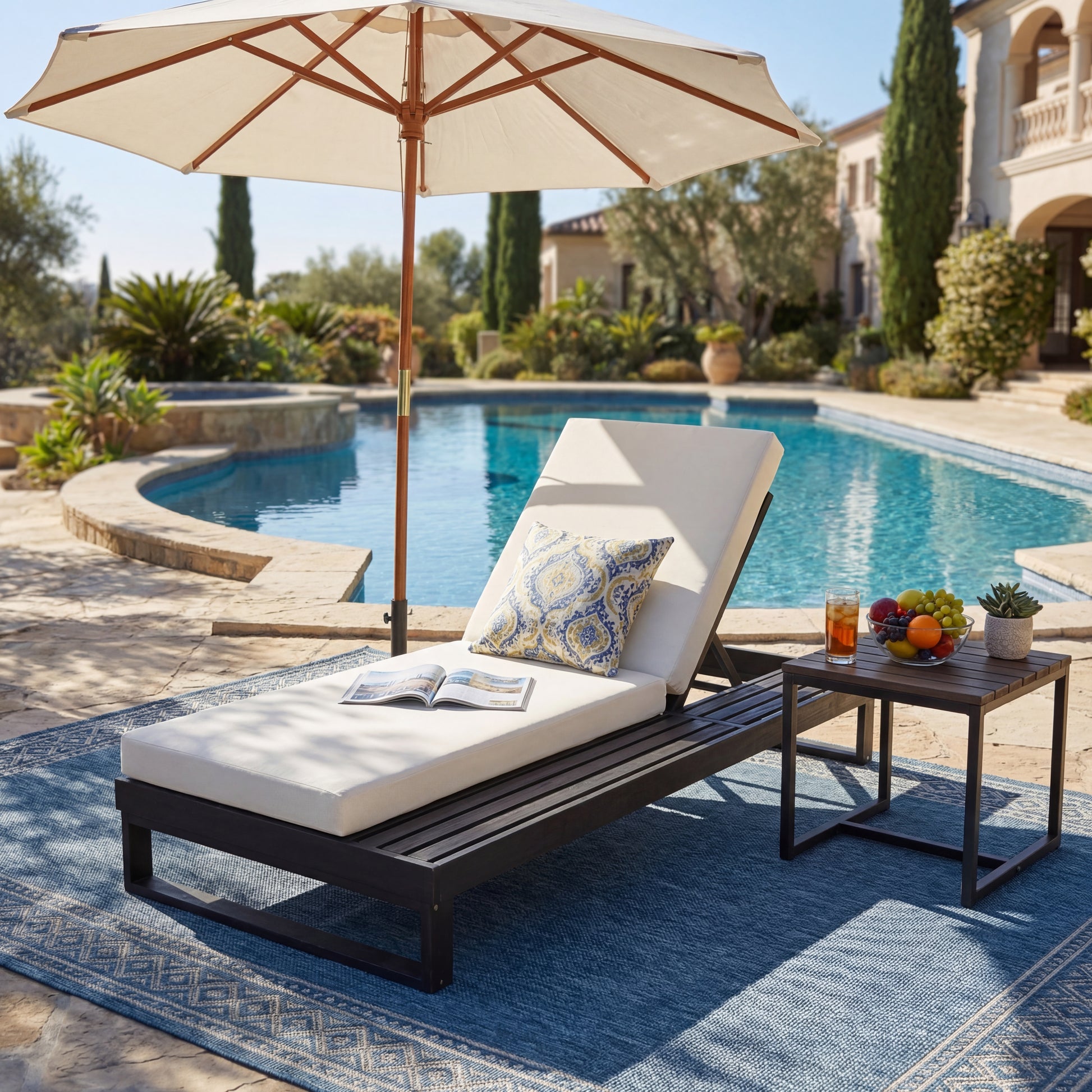 Black Acacia Wood Chaise Lounge with 4-Inch Cream 2-FoldCushion Set, 4-Position Adjustable Outdoor Patio Lounger with Flat Side Surface, for Poolside- Matching dark grey version available image 5