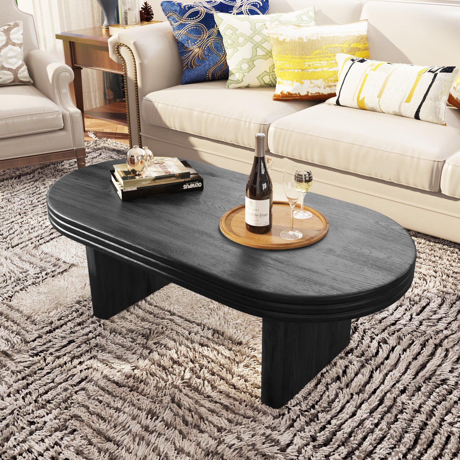 Mid Century Modern Oval Fluted Coffee Table, Farmhouse Wood Coffee Table, Cocktail Table, Center Table for Living Room, Office, Home Decor(Black, 23.62" D x 47.24" W x 16.34" H) image 11