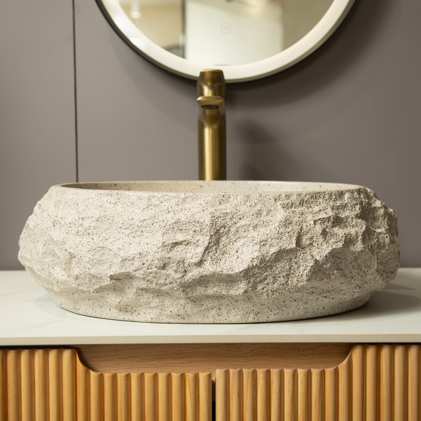 Luna 18'' Bathroom Sink, Irregular Oval Resin Vessel Basin with Stone Pattern, Artistic Style Sink, NO Faucet, Beige Color image 3