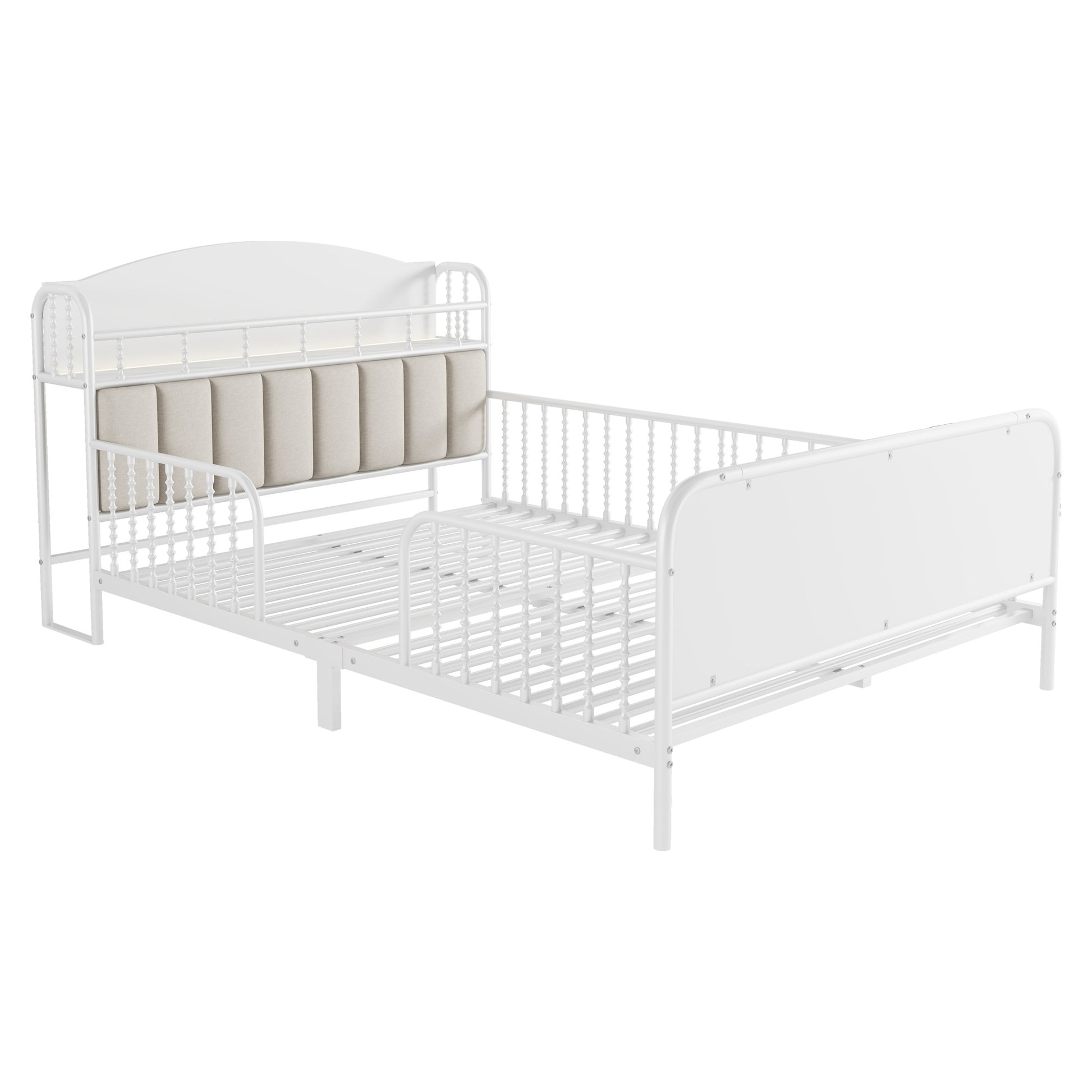 Full Size Metal Platform Bed Frame with Light, Kids Full Metal Bed with Upholstered and Storage Headboard, White (Expect Arrival Date 2025/10/5) image 7