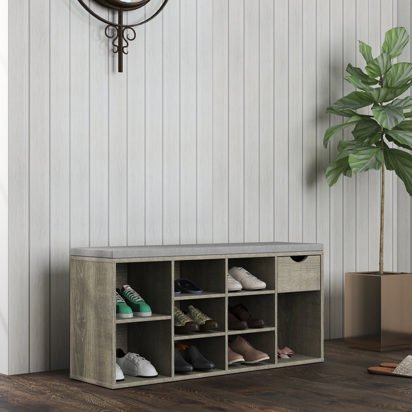 Storage Bench, Shoe Bench, Entryway Bench with Padded Cushion, Drawer and Open Compartments, Bench with Storage, 3 Tier Shoe Rack Bench image 5