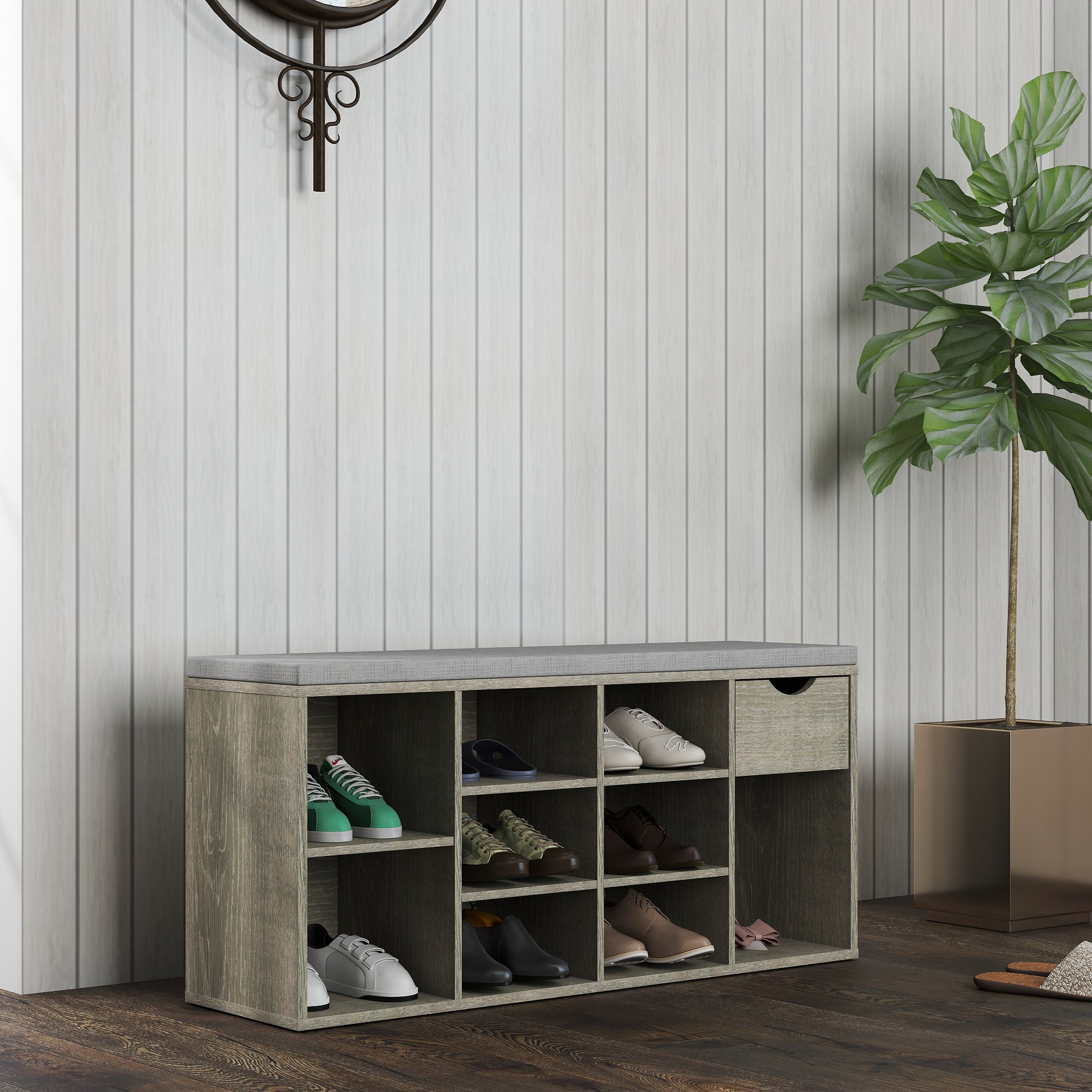 Storage Bench, Shoe Bench, Entryway Bench with Padded Cushion, Drawer and Open Compartments, Bench with Storage, 3 Tier Shoe Rack Bench image 5