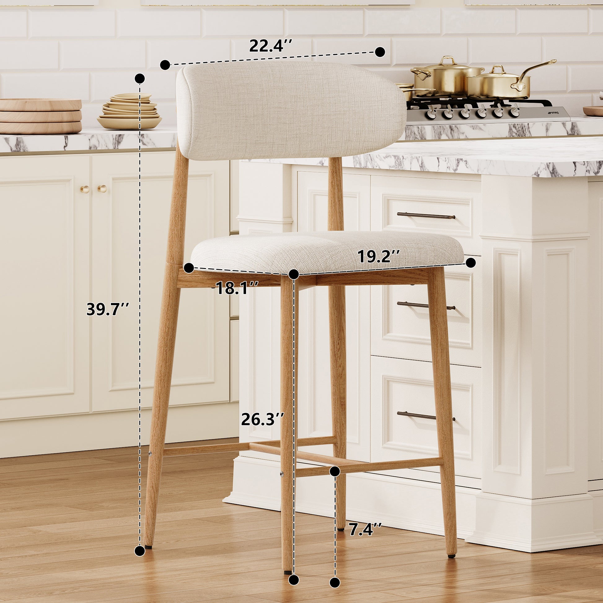Counter Height Bar Stools Set of 2, Upholstered Counter Stools Modern Barstools with Metal Legs for Kitchen Island Dining Room, Beige image 5