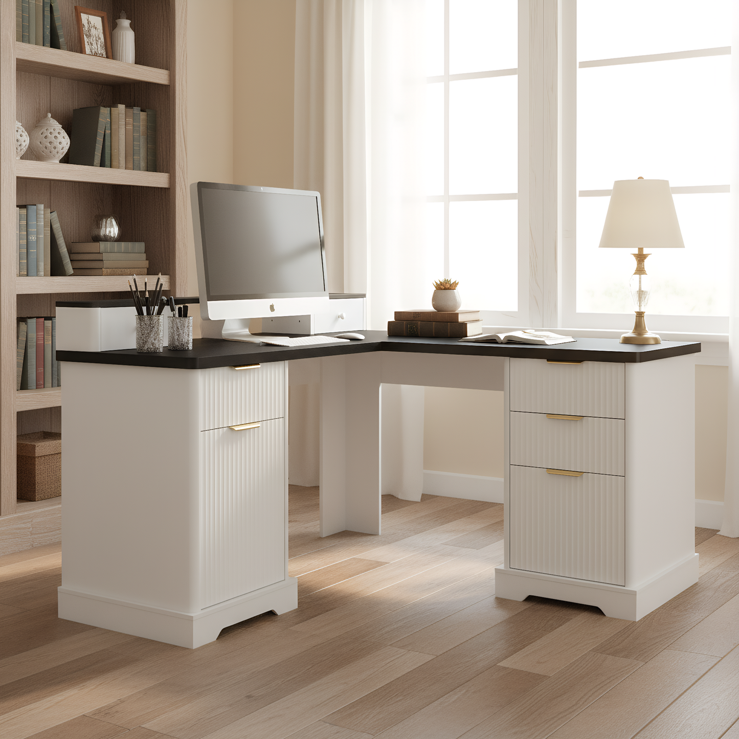 59" Modern Fluted L-Shaped Desk with Charging Station & Storage Cabinet - Home Office Computer Desk with Monitor Stand, File Drawer and Removable Support Shelf for Study, Home Office, White image 2