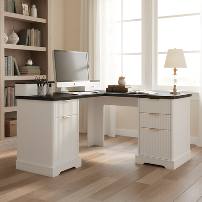 59" Modern Fluted L-Shaped Desk with Charging Station & Storage Cabinet - Home Office Computer Desk with Monitor Stand, File Drawer and Removable Support Shelf for Study, Home Office, White image 2