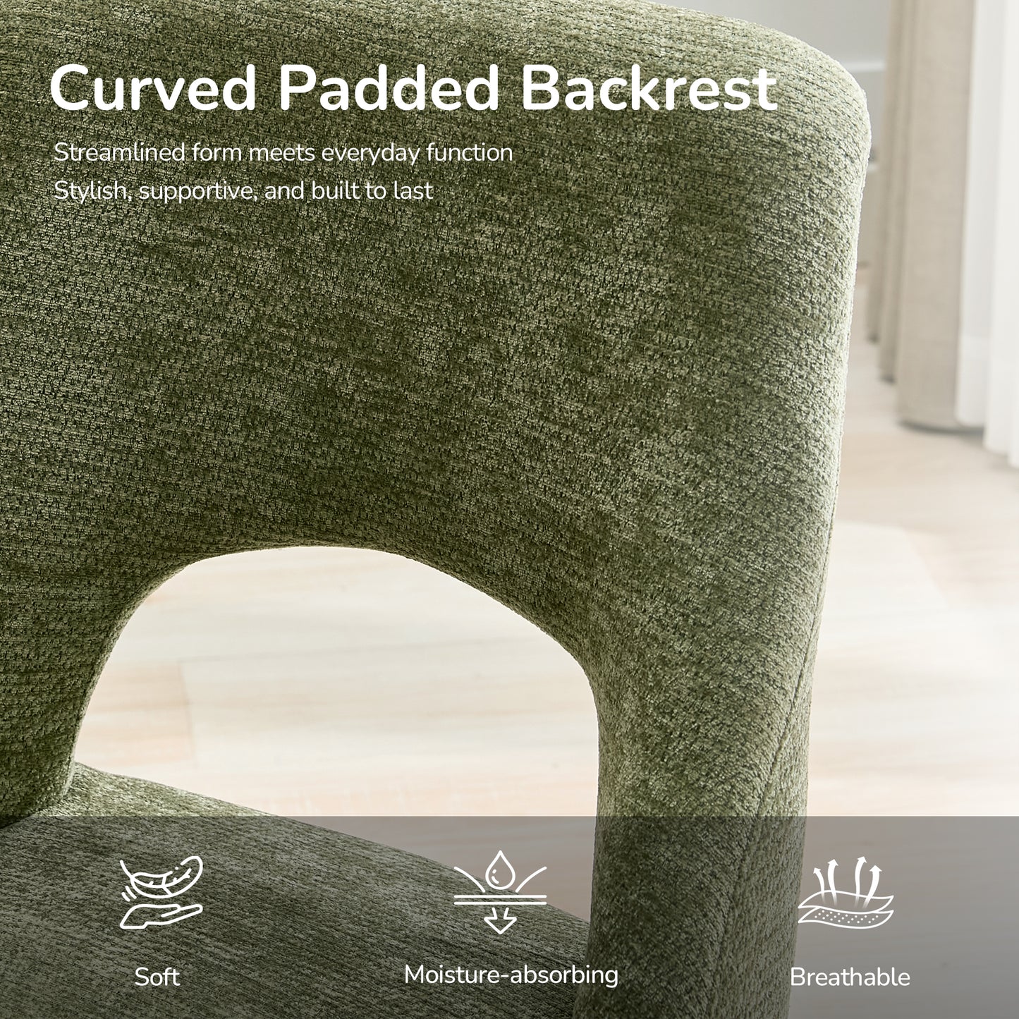 Dining Chair Set of 2,Upholstered Chenille Fabric Dining Chair Curved Solid Wood Legs, Elegant Tufted Club Dining Room Kitchen Room Dining Chair,Green image 7