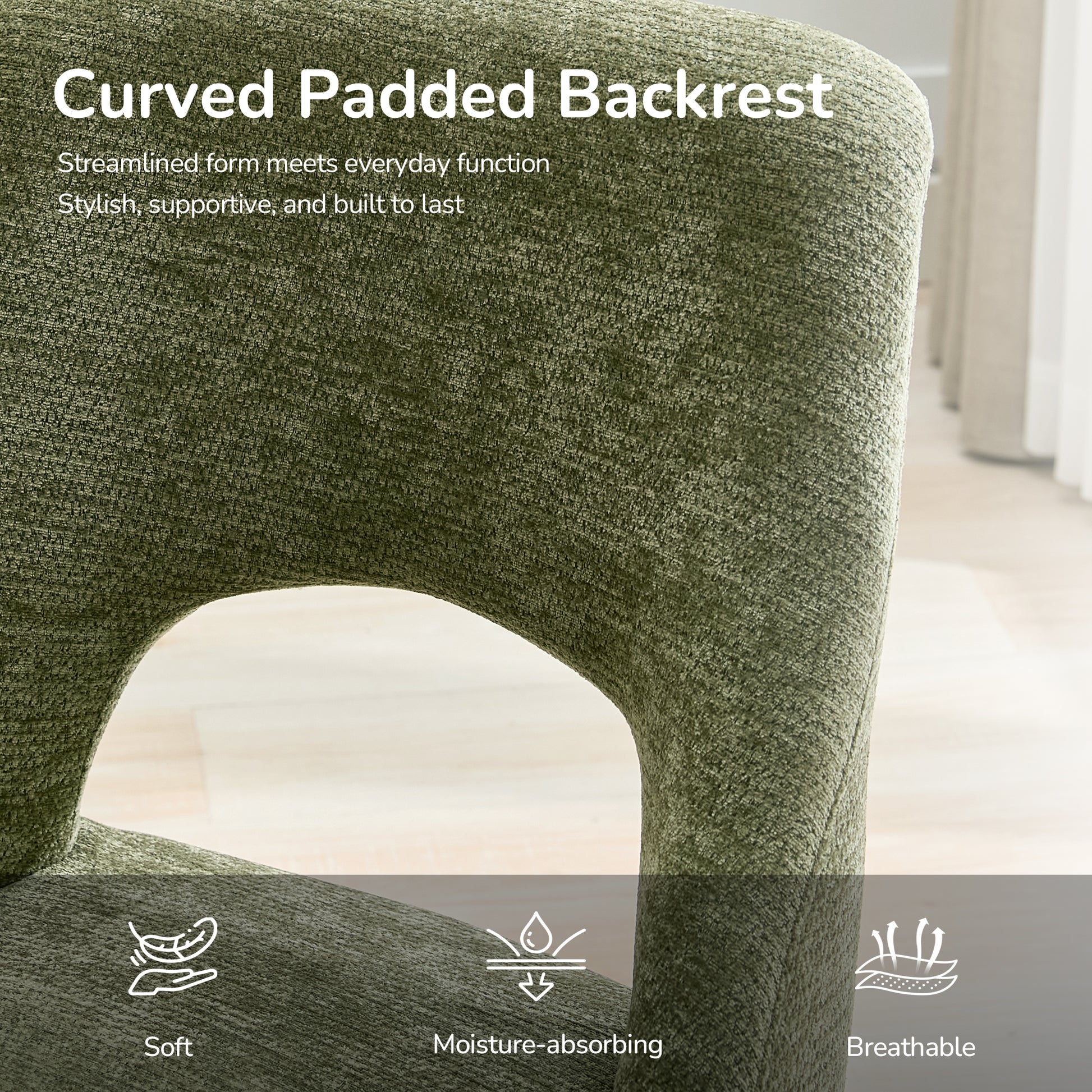 Dining Chair Set of 2,Upholstered Chenille Fabric Dining Chair Curved Solid Wood Legs, Elegant Tufted Club Dining Room Kitchen Room Dining Chair,Green image 7
