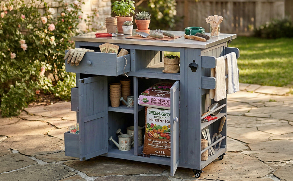 TOPMAX Outdoor Solid Wood Extendable 19.3''/28'' Kitchen Island, Stainless Steel Top Grill Table with Side Spice Rack, Kitchen Cart with Drawers, Storage Cabinet for Backyard, BBQ,Party, Gray image 4
